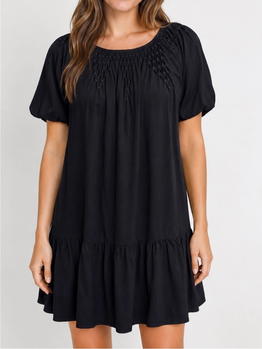 Loft Black and White Puff Sleeve Smocked Detail Keyhole Back Dress Size Small